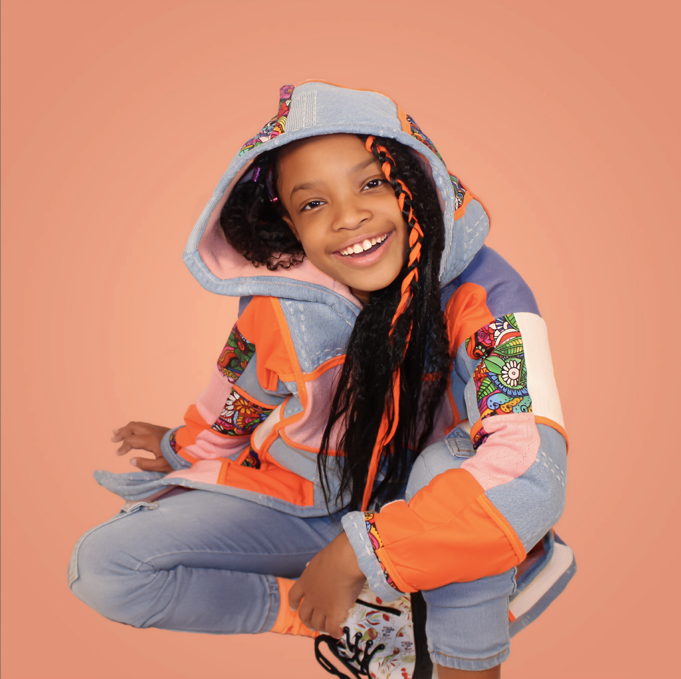 Handmade Kids Color Block Hoodie Long Jacket - Image 2